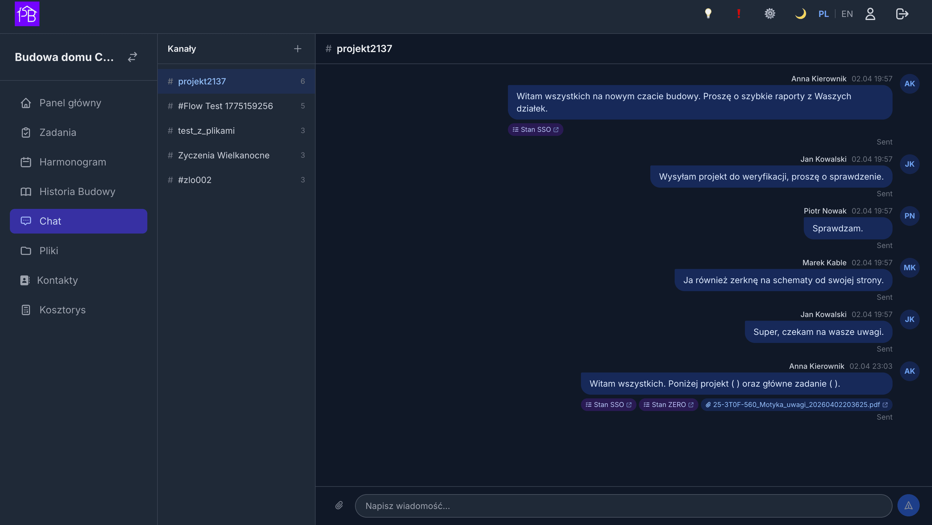 Czat projektowy PlanBudowlany